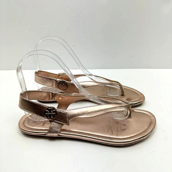 Tory Burch | Minnie Metallic Rose Gold Flat Slingback Flip Flop Travel Sandals - Picture 5 of 13